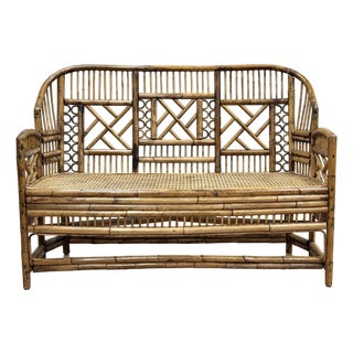 Vintage Brighton Pavilion Style Chippendale Bamboo Caned Seat Bench Settee For Sale