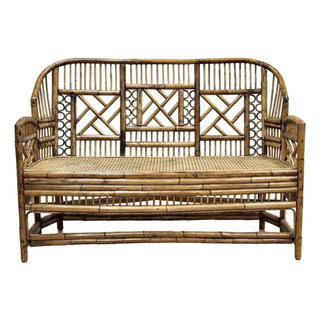 Vintage Brighton Pavilion Style Chippendale Bamboo Caned Seat Bench Settee For Sale