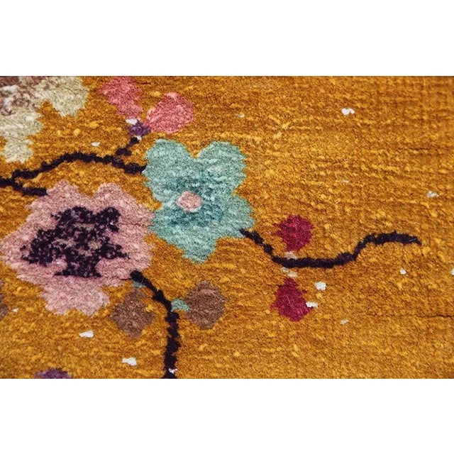 Brass Vintage Chinese Art Deco Rug | Gold & Green Colors | Small Floral Rugs For Sale - Image 8 of 8
