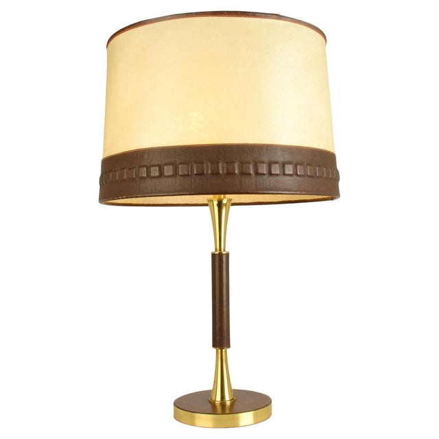 Leather and Brass Table Lamp with Parchment Shade, 1960s For Sale - Image 12 of 12