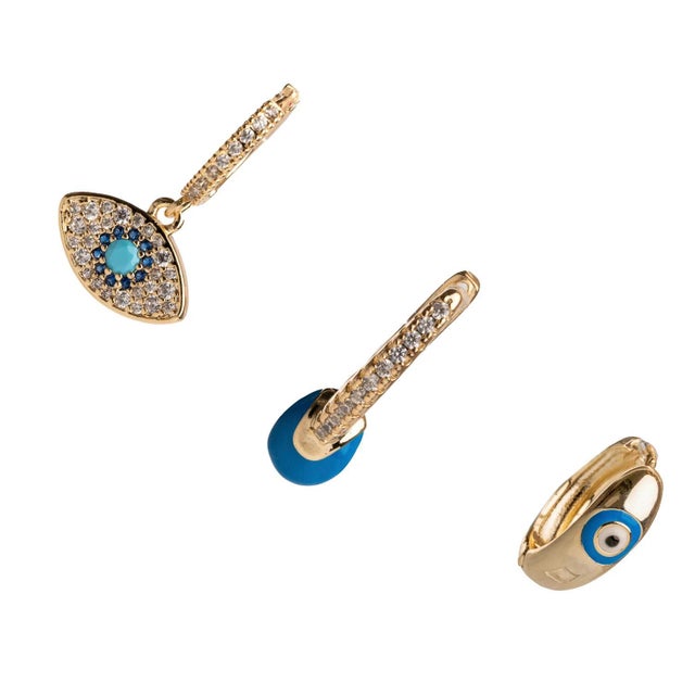 Contemporary Blue Evil Eye Gold & Diamond Trio Hoop Earring Set, 3 Pieces For Sale - Image 3 of 8