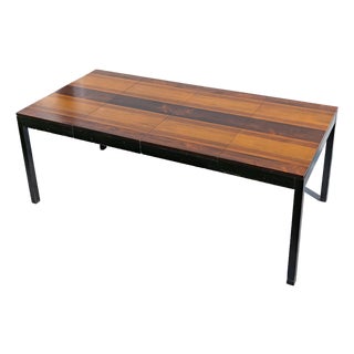 1960s Attributed to Milo Baughman for Directional Multi-Wood Parquetry Square With 2 Extensions Dining Table For Sale