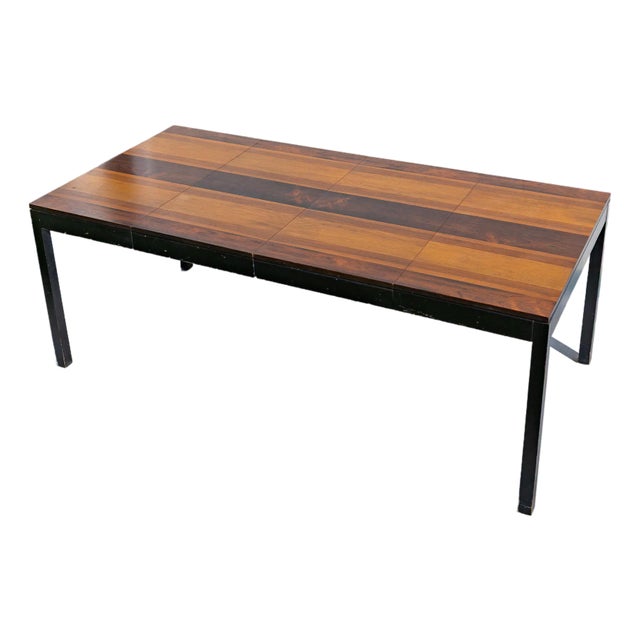 1960s Attributed to Milo Baughman for Directional Multi-Wood Parquetry Square With 2 Extensions Dining Table For Sale