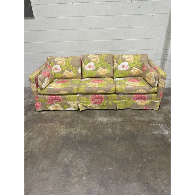 This is the sweetest sofa! Superb condition. Large floral quilted pattern. Super comfy. No maker name.