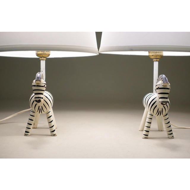 1950s Rare Matched Pair Kay Bojesen Denmark Hand Painted Danish Modern Wood Zebra Table Lamps Monkey For Sale In Los Angeles - Image 6 of 9