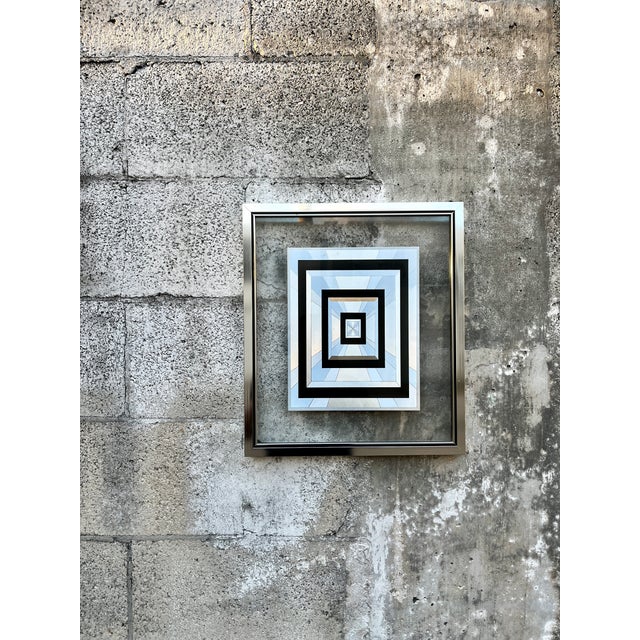 1970s Vintage 1970s Op-Art Geometric Black and Silver Foil Framed Print. For Sale - Image 5 of 15