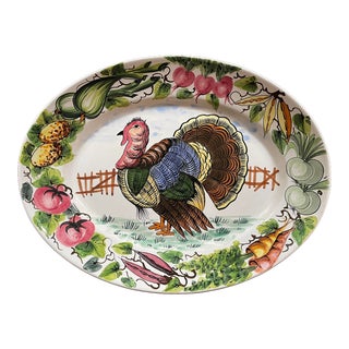 Thanksgiving Turkey Platter - Italian Hand Painted Ceramic - Large Oval 14 X 18 For Sale