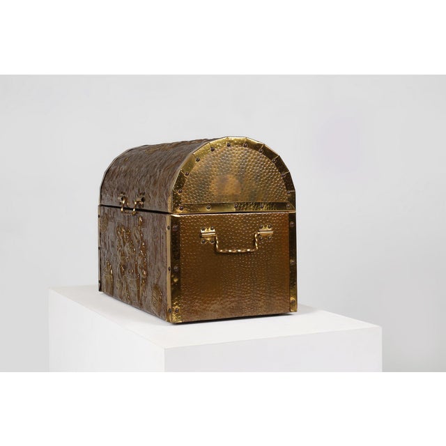 Wood Large Chest with Sculpted Copper Relief, Belgium, 1930s For Sale - Image 7 of 13