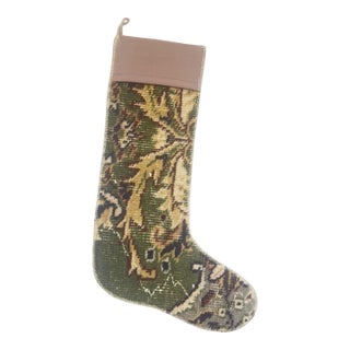 Vintage Kilim Christmas Stocking With Mauve Fabric Cuff, Olive Leaf Wool, 12.6 X 18.5 in – One of a Kind Decor For Sale