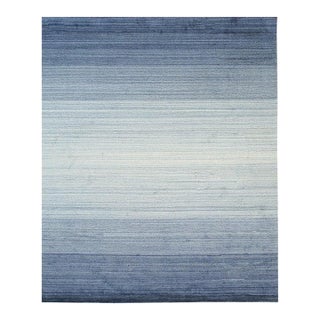 8x10 Blue Hand-Knotted Wool Subtle Ombre Stripes Modernist Carpet Rug For Sale