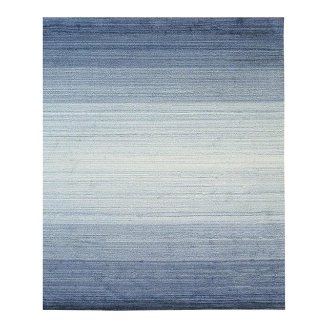8x10 Blue Hand-Knotted Wool Subtle Ombre Stripes Modernist Carpet Rug For Sale