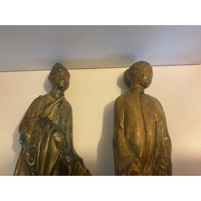 Asian Pair of Vintage/Antique Ceramic Asian Scholar Figures on Pedestal Bases Set of 2 For Sale - Image 3 of 18