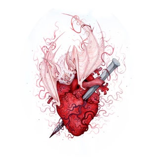 My Vampire Heart by Nana Williams | Watercolor of a bat with a heart and a sword For Sale