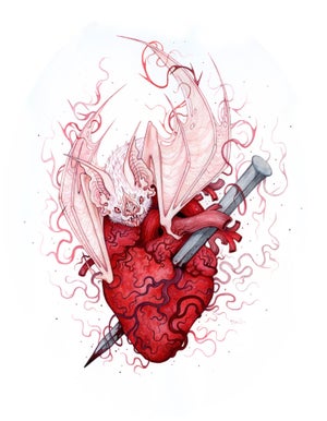 My Vampire Heart by Nana Williams | Watercolor of a bat with a heart and a sword