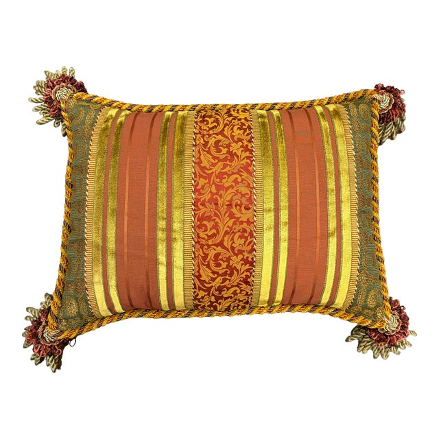 Luxury Regal Brocade & Velvet Striped Throw Pillow With Tassel Trim For Sale