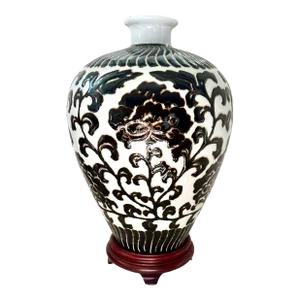 Mid Century Japanese Chinese Ceramic Vase Meiping Plum Peony Large Heavy Porcelain Asian