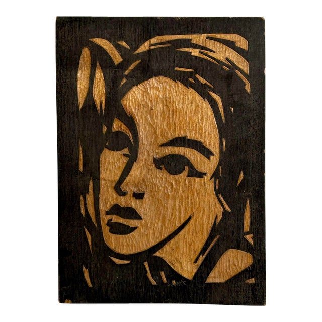 Vintage Modern Wood Carved Portrait For Sale