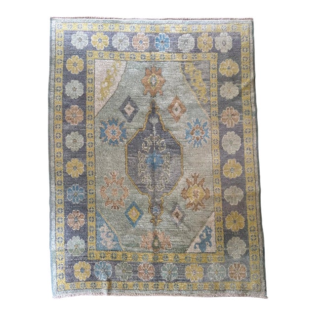 Contemporary Turkish Oushak Rug in Light Green and Charcoal With Yellow Accents, | 5'1" X 6'9" For Sale
