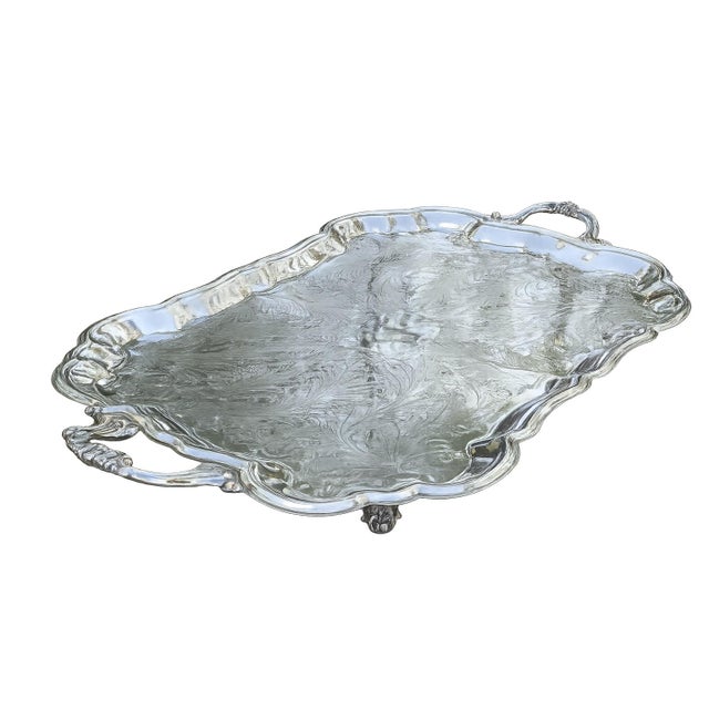 F.B. Rogers Silver Co. Oversized Vintage F. B. Rogers Footed Silverplate Butler Tray With Handles — 27.75” Palm Beach Regency • Tea Service • Grandmillennial- See Pics! For Sale - Image 4 of 9