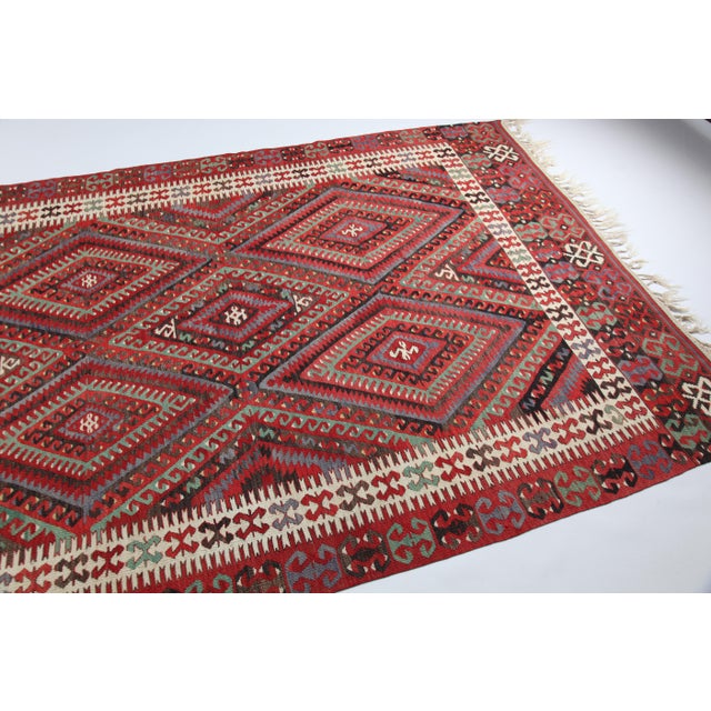 Textile Antique Fethiye Tribal Kilim – Geometric Diamond Motifs, Anatolian Wool Weave -5' 3'' X 10' 4'' For Sale - Image 7 of 16