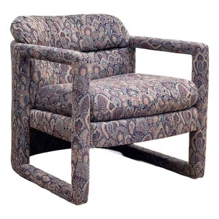 Vintage Damask Upholstery Rounded Back Parsons Chair For Sale