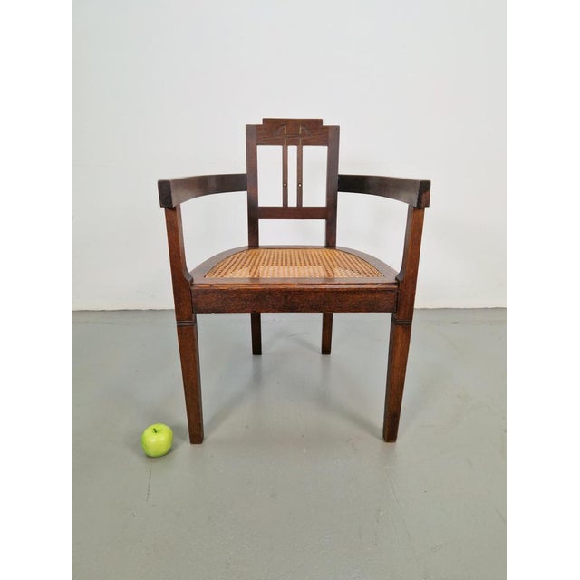 Brown Art Nouveau Deco Armchair in Rattan Webbing, Oak and Copper, 1920s For Sale - Image 8 of 9