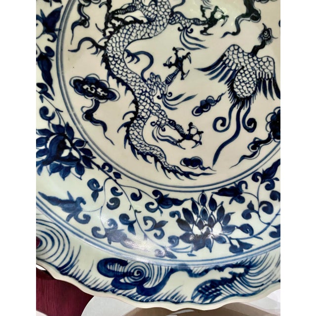 Pair of Oversized Chinese Blue & White Porcelain Charger Plates With Dragon & Phoenix Motif – 17.4” For Sale - Image 11 of 12