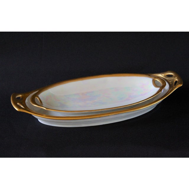 Vintage Iridescent Porcelain Oval Relish / Serving Platter Set – Gold Trim – Open Handles – Bavaria & m.p. Stokes Japan For Sale - Image 4 of 15