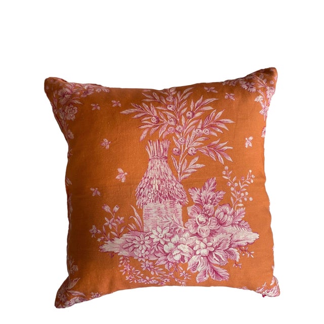 Orange & Pink Toile Throw Pillow Cover For Sale
