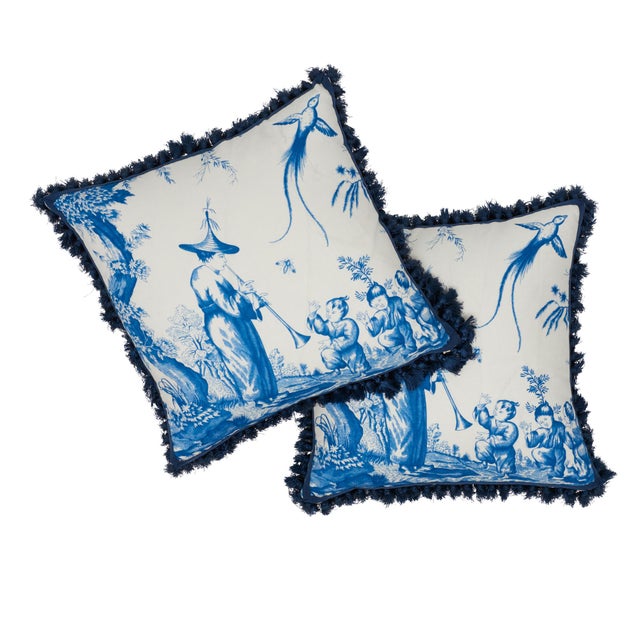 Early 21st Century Contemporary Schumacher Shengyou Toile Pillow in Blue For Sale - Image 5 of 8