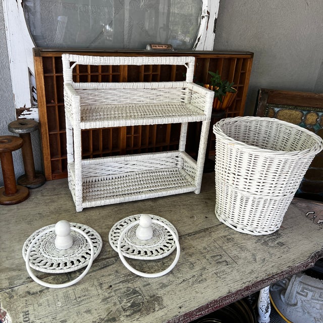 White Vintage White Wicker Bathroom Set | Shelf Towel Rings Wastebasket | Rustic Boho Cottagecore Decor For Sale - Image 8 of 8