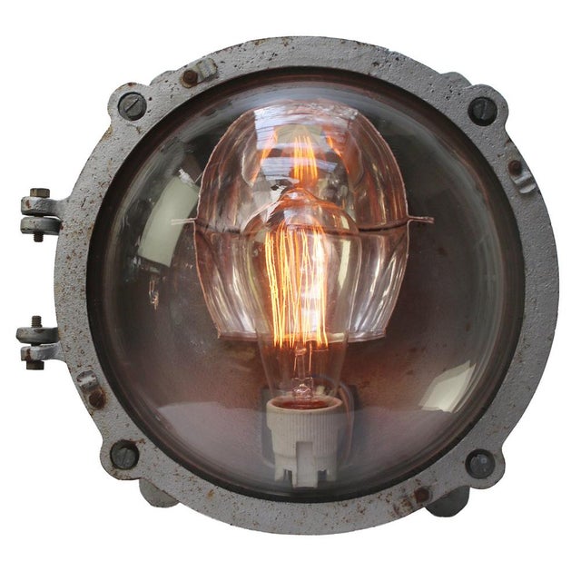 French industrial Sconce, wall and ceiling light, flush mount Grey cast iron with clear glass Inside metal reflector 1x...