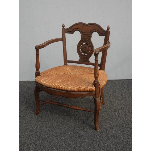 French Country Vintage French Country Low Profile Brown Rush Accent Chair For Sale - Image 3 of 13