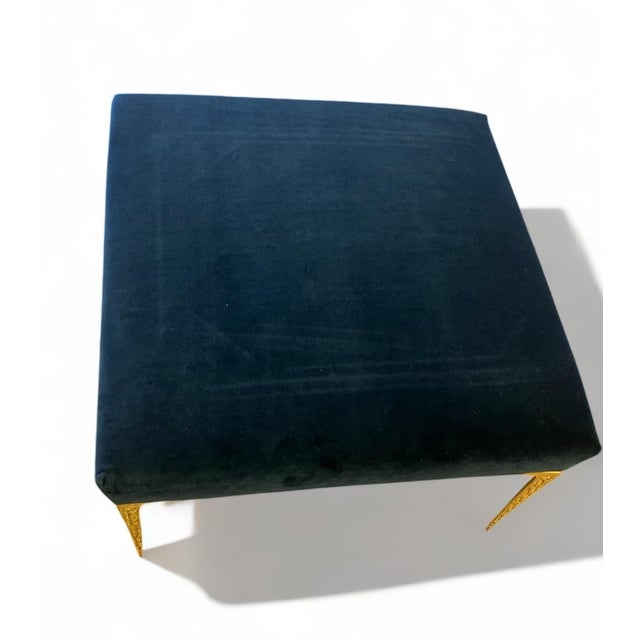 Montage Colette Ottoman in Navy Velvet With Solid Brass Stiletto Legs For Sale - Image 4 of 6
