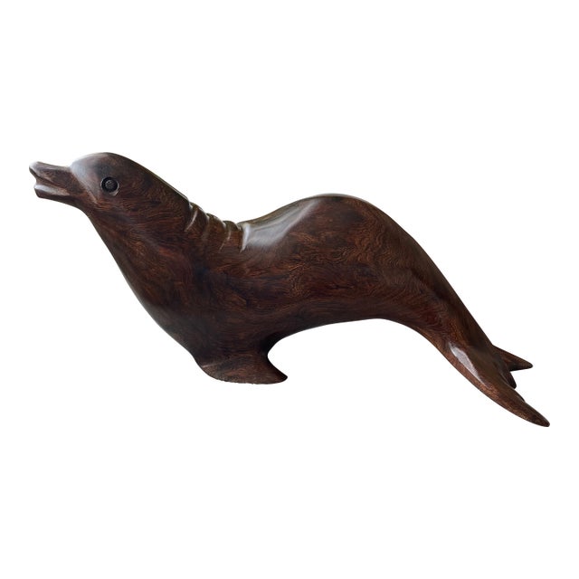 Vintage Hand-Carved Iron Wood Sea Lion Mid-Century Modern Carving Animal Coastal For Sale