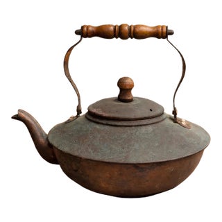 1950's Copper Teapot With Wooden Handle, Vintage Rustic Farmhouse Kitchen Décor, Mid Century Collectible For Sale