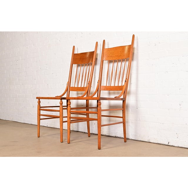 Charles Limbert Limbert Style Antique Arts & Crafts Carved Oak Cane Seat Spindle Back Side Chairs or Dining Chairs, Pair For Sale - Image 4 of 11