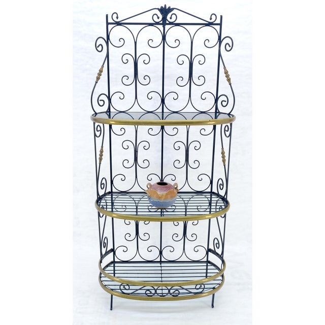 Wrought Iron & Brass 38” Wide Rounded Shelved Bakers Rack MINT For Sale - Image 9 of 14