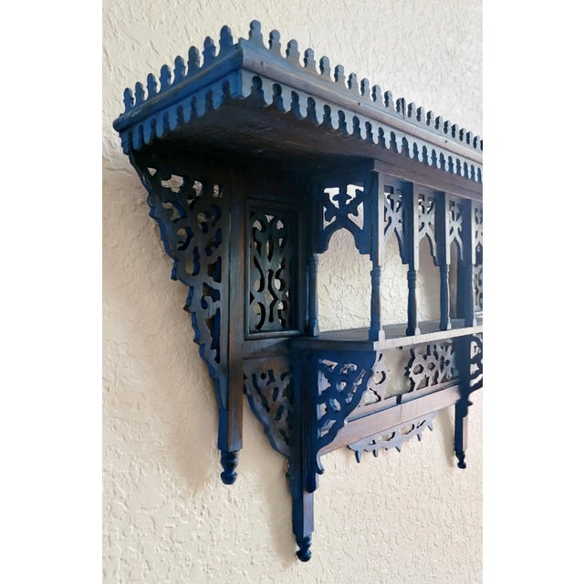 1980s 1980s Vintage Moroccan Musharabi Blue Wooden Wall Shelf For Sale - Image 5 of 9