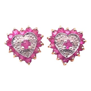 14 Karat White and Yellow Gold Button Ruby Earrings With Diamonds For Sale