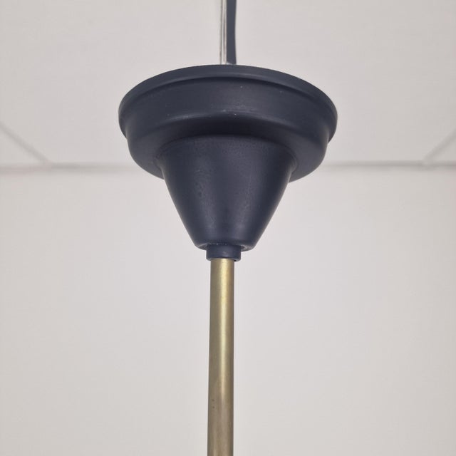 Mid-Century Italian Brass, Teak and Opaline Glass Chandelier attributed to Stilnovo, 1960s For Sale - Image 12 of 14