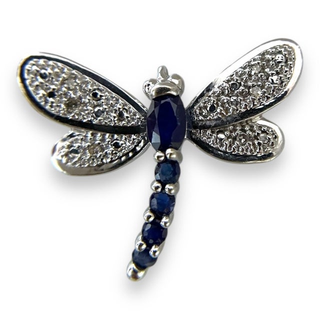Modern 14k White Gold Dragonfly Pendant With Blue Sapphires and Diamonds For Sale - Image 3 of 6