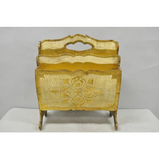 Vintage Italian Florentine Gold Giltwood Hollywood Regency Magazine Rack Stand. Circa Mid 20th Century. Measurements: 18"...
