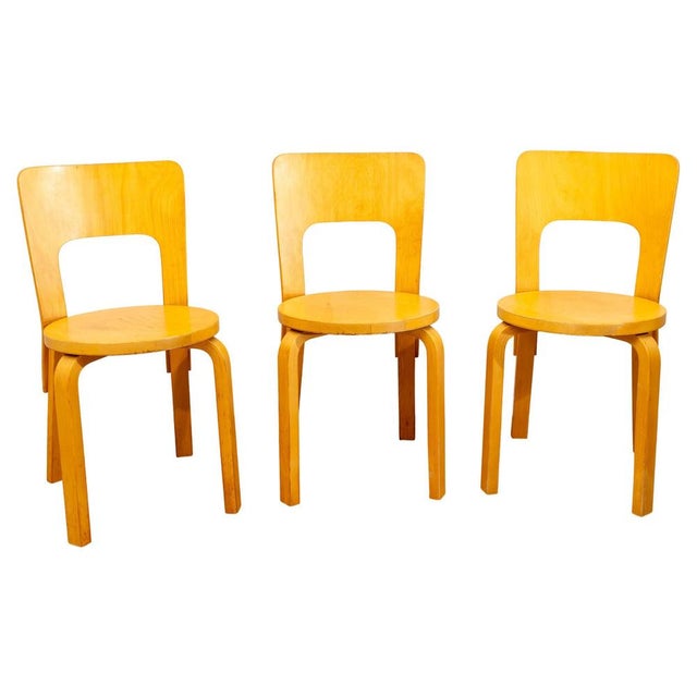 Yellow E66 Chairs attributed to Alvar Aalto for Artek, Finland, 1950s, Set of 3 For Sale - Image 8 of 8