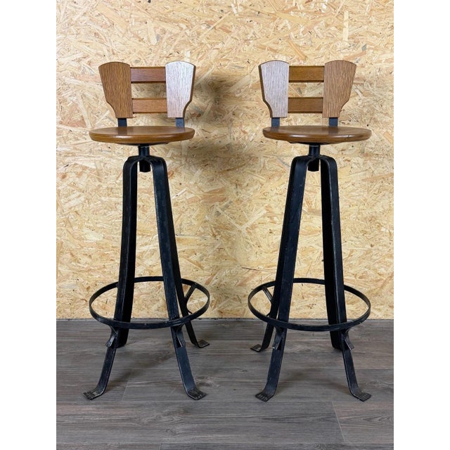 2 x 1950s/60s Bar Stools, Iron and Wood, Brutalist Mid-Century Style Item: 2 x Bar Stools Manufacturer: Condition: Vintage...