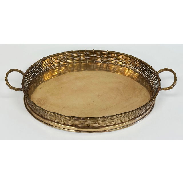 Metal Vintage Brass Handled Tray With Basketweave Detail For Sale - Image 7 of 10