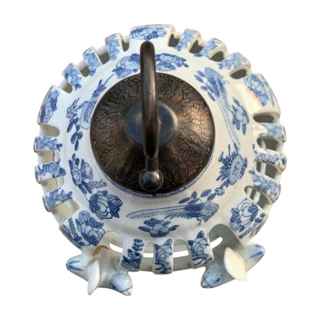 Large Blue & White Chinoiserie Ceramic Birdcage Sculpture With Perched Birds For Sale - Image 9 of 10