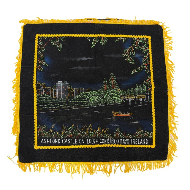 Vintage Mid-Century Black Velvet Irish Souvenir Pillow Covers - Pair (Galway Cathedral & Ashford Castle) For Sale - Image 4 of 5