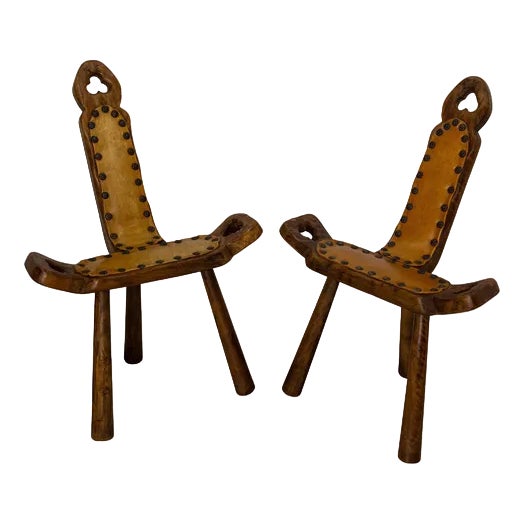 Set of Mid-Century Spanish Tripod Chairs Three Legs in Poplar & Leather, 1960s For Sale