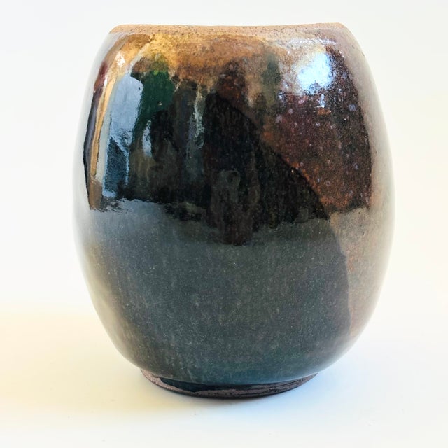Vintage Brown Studio Pottery Vase With Overlapping Brown and Black Glazes For Sale - Image 4 of 11
